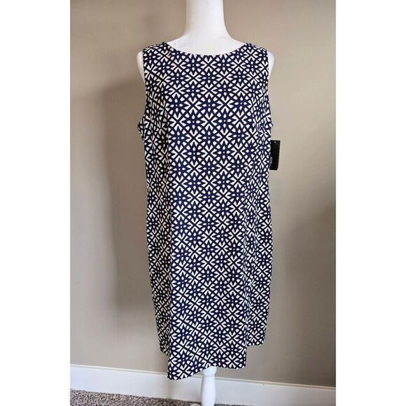 Alyx Shift Dress Sz 16 Navy, Tan, White Geometric - Picture 1 of 8